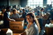 © Anastasiia - People are volunteering at a warehouse, packing boxes for community giving. It’s an industrial setting with large windows and stacked cardboard boxes.