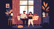 © Isra - Young couple relaxing together on a sofa in a beautifully decorated cozy living room while their cat sleeps on the rug.