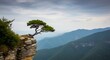 © Abid - Lone tree growing on a rocky cliff edge with mountain range in background