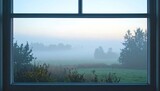 Misty Rural Meadow Seen Through Window at Dawn