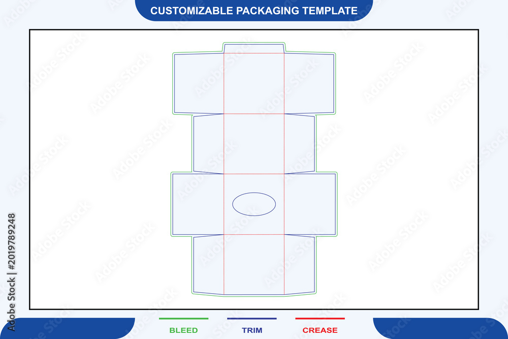 Creasing Line Box Square tissue box packaging dieline template with green bleed, blue ...