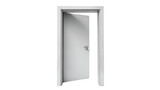 Open white interior door with silver handle, isolated on transparent background