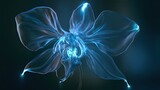 Frosted glass orchid glowing with cool blue bioluminescent light inside.