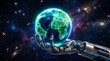 © Numan - Futuristic Robotic Hand Holding a Glowing Neon Digital Earth Globe in Deep Outer Space Concept
