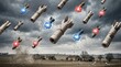 © Dionisia - Newspaper missiles and social media icons falling from stormy sky symbolizing misinformation propaganda media warfare manipulation and digital communication crisis