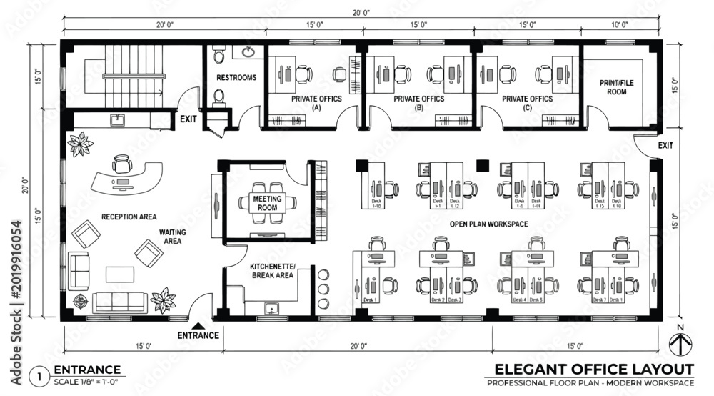 Modern office floor plan with reception, private offices, and open ...