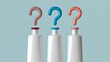 © Rehan - Question mark symbols on cosmetic tubes representing uncertainty and decision concept