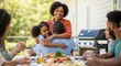 © twilight mist - Happy African American Family Hugging During Backyard Barbecue Party w