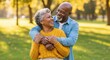 © twilight mist - Happy Senior African American Couple Hugging and Smiling in a Sunny Au
