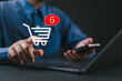 © Nirusmee - Person pointing at shopping cart graphic with notification badge, representing digital shopping wishlist, ecommerce activity, saved products, and online purchasing behavior.