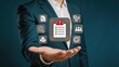 © Ethan - Business executive presenting compliance checklist with warning alert icon surrounded by analytics and strategy symbols for risk management