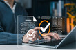 © Sandwish - Document verification approval and compliance checklist concept. Person using laptop with verified files, check marks, certificate, review forms, quality control, audit process, business assurance