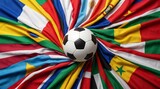 Soccer ball centered on a vibrant array of international flags, representing global unity in sports. Concept of World Cup, global sports celebration, international football competition