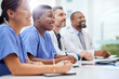 © peopleimages.com - Meeting, audience and team of doctors and nurses in hospital for seminar, conference or presentation. People, happy and group of healthcare employees in discussion for medical career in clinic.