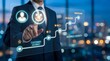 © fai  - Customer journey mapping and business growth concept, businessman touching digital interface with smiley face rating, futuristic marketing analytics