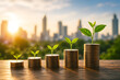 © maikuto - Stacks of coins with growing green plants against city skyline representing financial growth, savings, investment, and sustainable business success.