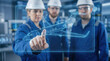 © remake - Aerospace engineers in helmets and uniforms work on aircraft blueprint at a futuristic digital interface. Aviation jet design, aeronautics innovation, manufacturing technology, industrial engineering