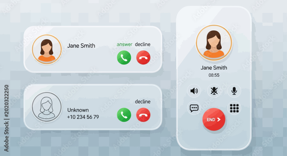 Incoming call screen with contacts and call options on a transparent ...