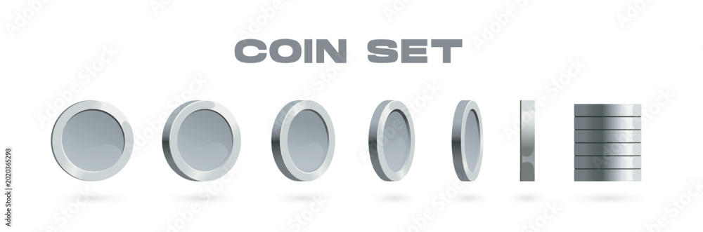 Multiple metallic coins shown from various angles in a clean minimal ...
