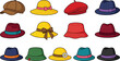 © MdRobiul - Colorful Fashion Hat Collection Cartoon Vector Set Featuring Fedora Beret Bucket Sun and Casual Caps for Stylish Outfit Designs