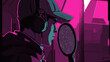 © tari - Woman recording music in a neon-lit studio wearing headphones with a cap, using a microphone in an artistic digital style with purple and pink hues