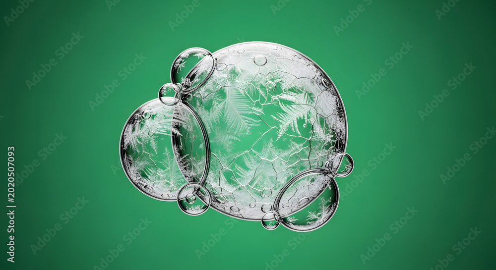 Frozen bubbles with frost cracks on green screen background appear ...
