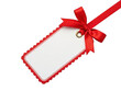 © Poly - Blank white price tag with red festive ribbon bow and scalloped edges isolated on transparent background