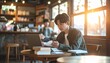 © yohaku - カフェで勉強する若い日本人男性のライフスタイルシーン