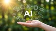 © Buy my stuff  - Artificial intelligence technology concept with ai text and icons of neural networks, robotics, and data analysis held in a hand