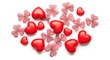 © Sakiv - Shiny red heart shapes and soft pink flower petals scattered together for a romantic celebration or wedding design element