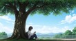© avan - Anime style schoolgirl sitting under a large tree reading a book outside