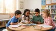 © Ranazain - Diverse group of young students engaged in collaborative learning while using a digital tablet and books in a bright classroom