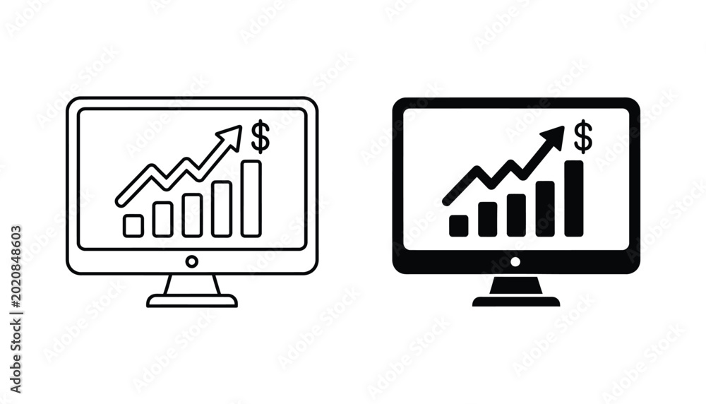 Business growth monitor icon displaying rising financial bar chart with ...