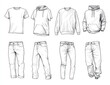 © Mukhtaran - a set of items in a line drawing style, such as t-shirts and hoodies with different styles for men's casual wear. the should be outlined clearly against the white background to highlight their shapes.