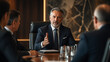 © wiggins - Authoritative mature executive leading a strategic board meeting in a luxury conference room, featuring cinematic lighting and professional corporate leadership in a high-end setting.