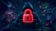 © Yanzia17 - Cyber security threat concept with hacker silhouette in low poly style. Glowing red lock icon on dark digital background symbolizes online fraud and cyber attack danger. Vector illustration