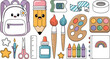 © MdAzijur - Cute Kawaii Back to School Stationery and Art Supplies Vector Icon Set with Backpack Pencil Paintbrushes Crayons and Notebook for Children Education Designs