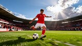 Soccer player kicking ball in stadium