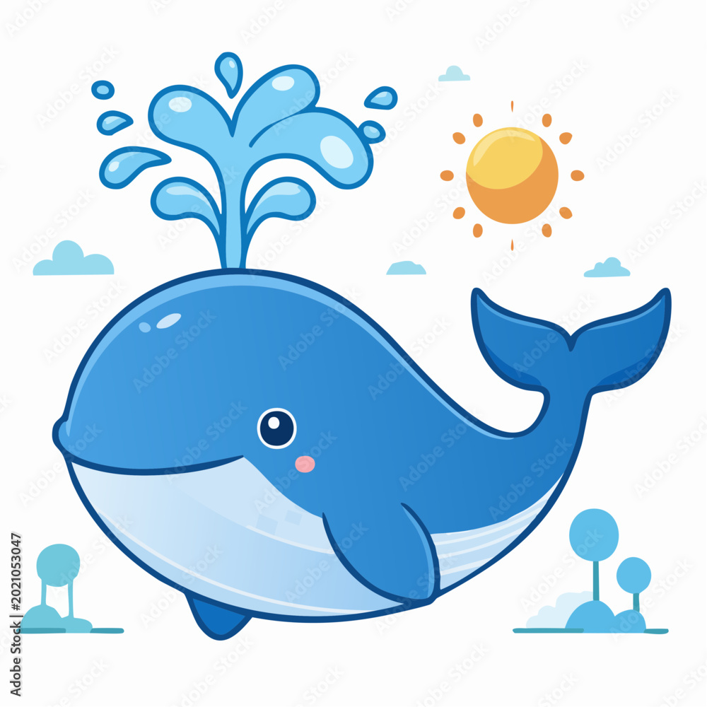 Cute cartoon blue whale spouting water under the sun Stock Vector ...