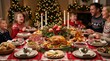 © DESIGN MOSAI - Family enjoying a festive holiday meal together at a beautifully set table with food