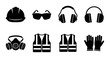 © Fatema - Personal Protective Equipment Icons, Safety Gear Vector Set, Hard Hat, Goggles, Respirator, Vest, Ear Defenders, Gloves for Construction and Industrial Work