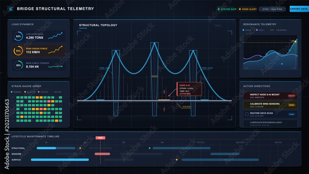 Dark vector bridge telemetry dashboard showing topology diagram, load ...