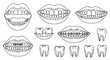 © Tahsina - Set of line drawings illustrating various aspects of human teeth and mouths, including dental conditions and oral hygiene tools, black and white