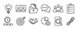 © Kateryna - Hand drawn business and communication icons set including idea, video call, file upload, chat, teamwork, checklist, time line, target, handshake, pie chart, search document on transparent background