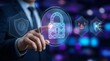 © yura - Business professional managing cybersecurity and blockchain data protection through a futuristic digital interface, featuring biometric authentication, threat monitoring, and active defense systems