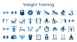 © Iconique Studio - Diverse collection of weight training and fitness icons representing strength training exercises and gym equipment for a healthy lifestyle and bodybuilding