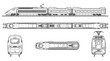 © ai tekno koncept - High speed train technical drawing blueprint with front side back and top views CAD line art vector illustration