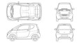 © ai tekno koncept - Microcar technical drawing blueprint with front side back and top views CAD line art vector illustration
