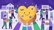 © Thai - Diverse community volunteer hands holding a large red heart symbol for humanitarian assistance, charity, and social donation support concept, flat cartoon vector illustration design.