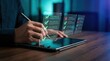 © tonstock - Businessman using a digital tablet to manage tasks and track project progress with a futuristic virtual interface.